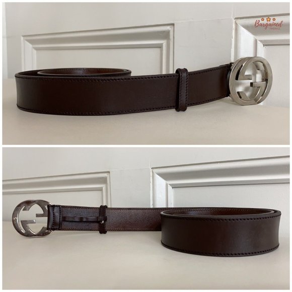 Authentic Gucci Brown Calfskin Leather Silver Interlocking G Buckle Belt 85/34 - Picture 10 of 13
